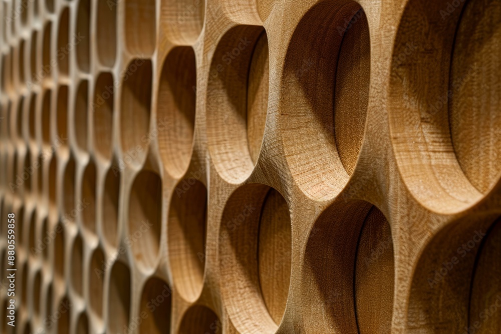 Poster close up of a wooden panel with round holes creating a beautiful pattern of light and shadow