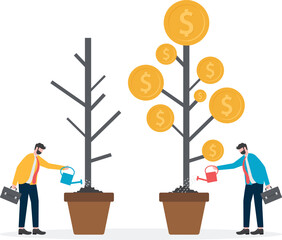 One hand holds a sapling with branches covered with gold coins and the other holds a sapling with a bare tree trunk, 

