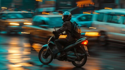 A motorbike taxi weaving through traffic on a congested city street.