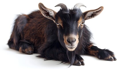 Black Goat Lying Down on White Background