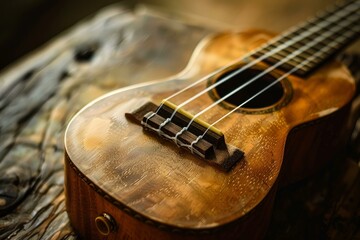 Fototapeta premium Wooden ukulele is laying on a rustic wooden tabletop, waiting to be played