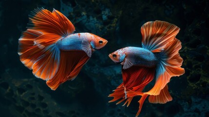 Fototapeta premium A pair of betta fish engaging in a courtship dance with fins extended.