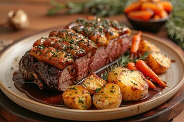 A serving of roast beef with Yorkshire puddings, roasted potatoes, carrots, and parsnips, drizzled with rich gravy.