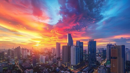 Fototapeta premium A panoramic view of city skyscrapers against a colorful sunset sky.