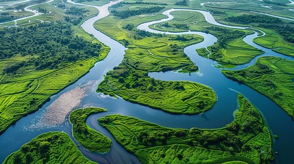 Aerial View of River Meandering Through Green Landscape.
