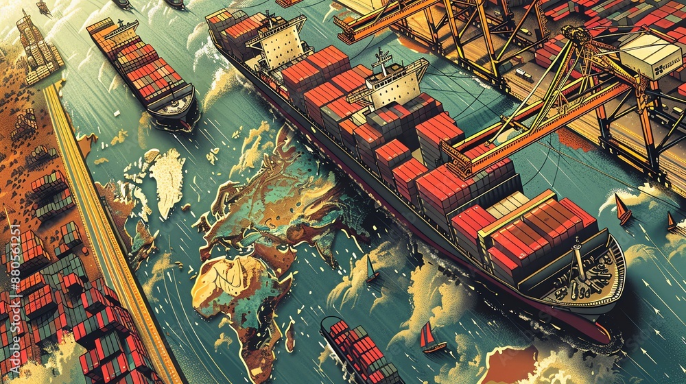 Poster container ship sailing across world map.