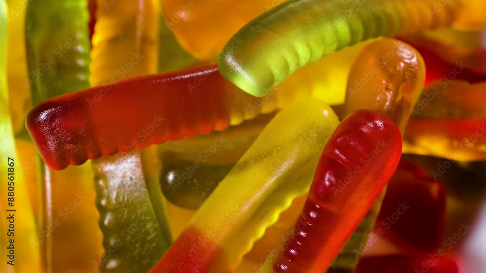 Poster Colorful gummy worm candies isolated on the white background.