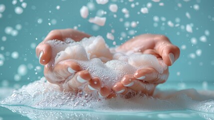 Fototapeta premium hands washing a white woollen fabric with a dense foam against a powder blue background