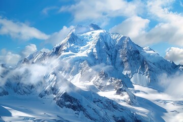 Obraz premium Snow Top. Mountain Glacier Panoramic View with Blue Cloudy Sky - Winter Landscape