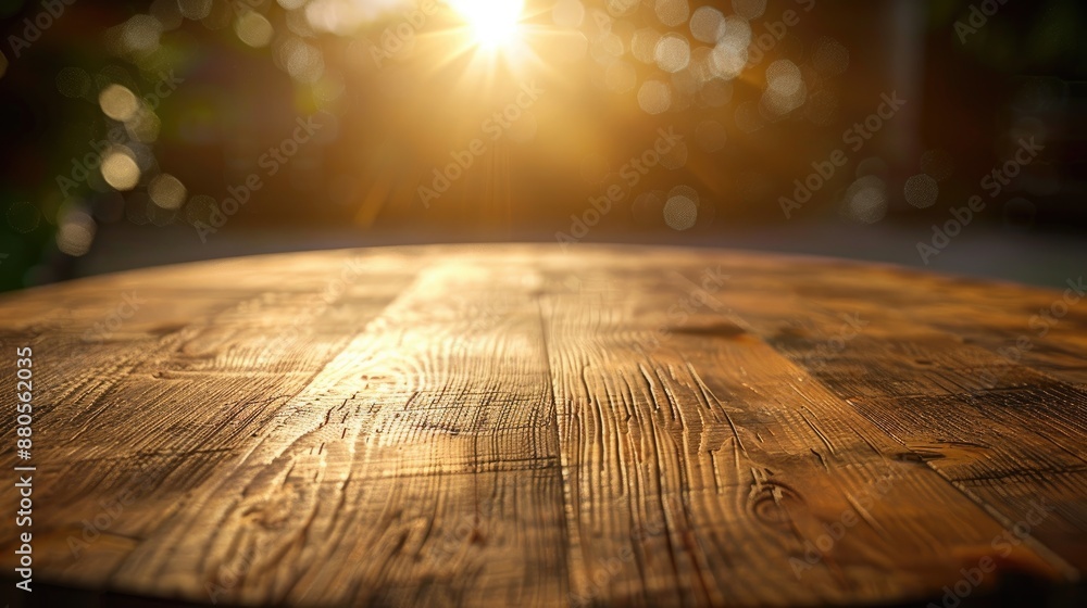 Poster round wooden table with added artificial light for a warm summer vibe image with space for text