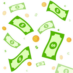 renderings of gold dollar rain coins flying and floating in the air. Casino, jackpot. Vector illustration