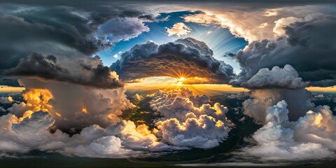 Naklejka premium AI generated illustration of a panoramic view of clouds with a vibrant sunset breaking through