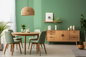 The Scandinavian, mid-century home interior design features mint color chairs, a round wooden dining table, a sofa, and a cabinet in a modern living room.