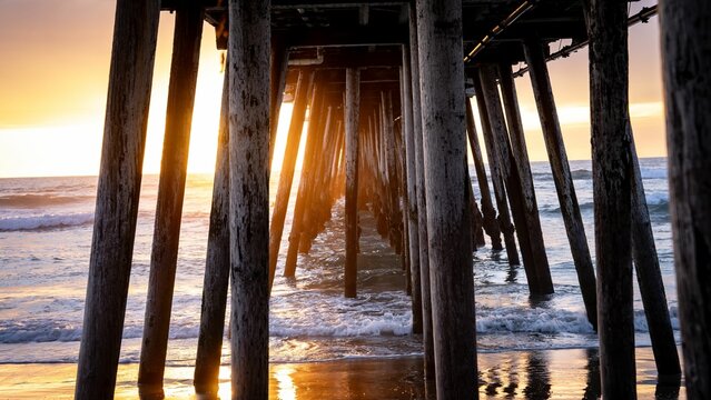 Fototapeta Sunset view under a wooden pier with ocean waves and golden light in the background.