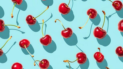 Red cherries on cyan blue background seamless pattern for summer illustration