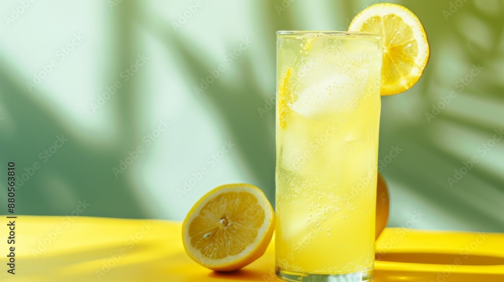 Poster a refreshing lemonade drink served in a tall glass with a slice of lemon on the rim.