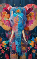 Fototapeta premium A colorful, abstract portrait of an elephant with floral patterns.