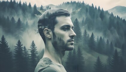 Beautiful double exposure of a man head and behind forest with hills