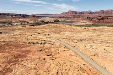 Aerial view of White Canyon and road in Utah desert landscape