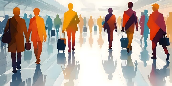 A group of silhouetted people walking through a modern, minimalist airport with reflective floors and large windows