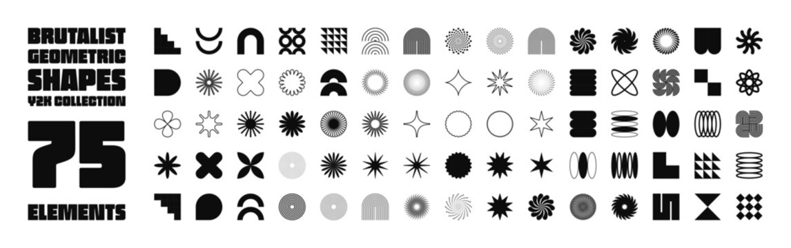 Brutalist geometric shapes, symbols. Simple primitive elements and forms. Retro design, trendy contemporary minimalist style, y2k. Vector illustration