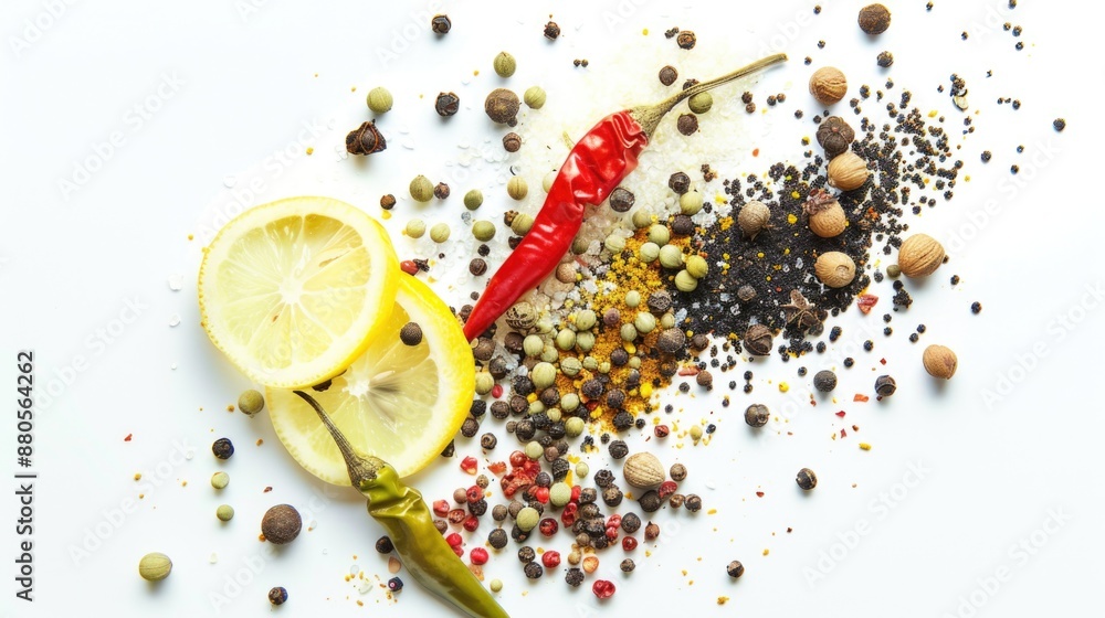 Poster a bright and citrusy arrangement featuring a lemon slice and pepper on a white table