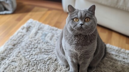 A round-faced British Shorthair cat sitting on a plush rug, looking adorable.