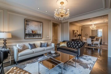 living room in glam interior style, luxury real estate apartment. Expensive couch and sofa. minimal art decoration. 