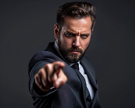 Businessman motivates by pointing directly at viewer for encouragement and inspiration