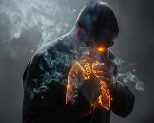 Naklejka premium Man in pain with glowing lungs respiratory distress from bronchitis or pneumonia