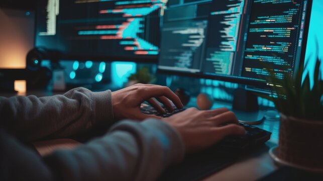 Close-up of a programmer's hands typing on a backlit keyboard, with lines of code displayed across multiple computer screens. AIG41