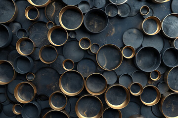 Circle texture pattern background. black and yellow abstract 3D background with round, textured geometric backdrop. Geometric shapes overlap creating harmonious abstract composition. 