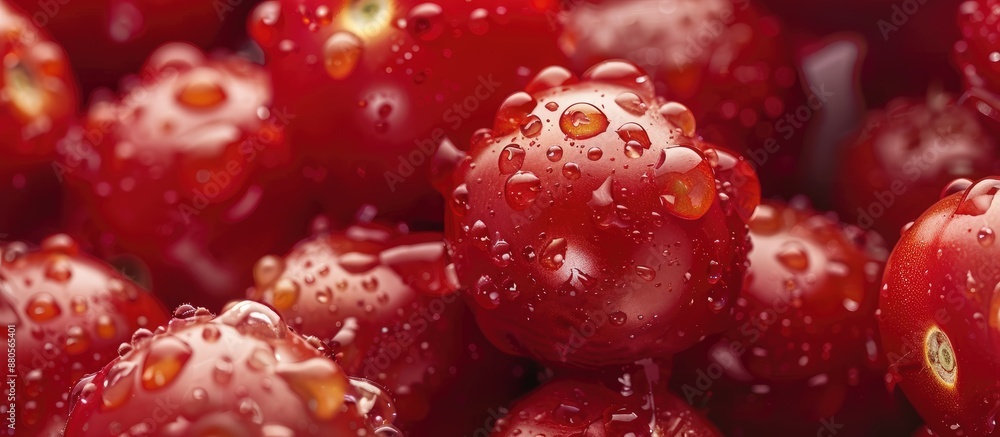 Poster close up image of fresh red cherry tomatoes with water droplets featuring ample copy space