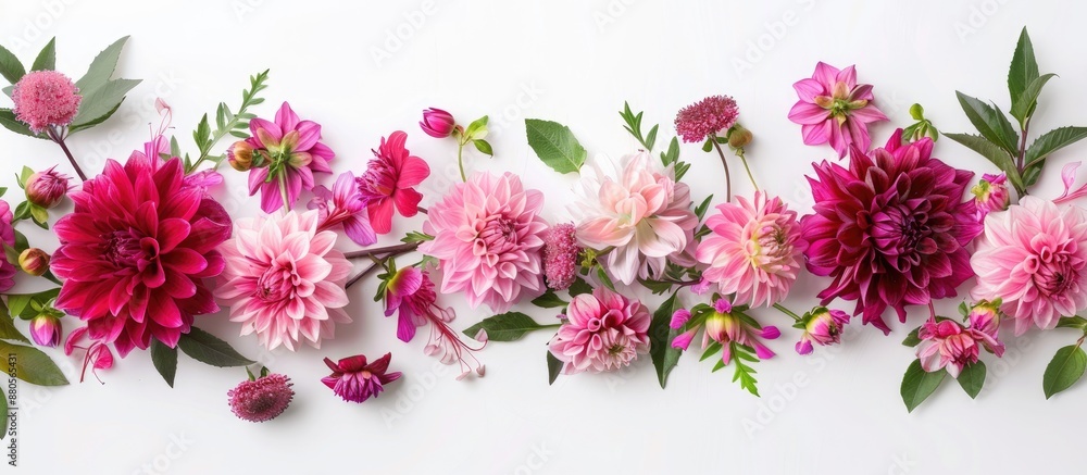 Poster overhead view of a festive floral arrangement featuring pink fuchsia and dahlias on a white backgrou