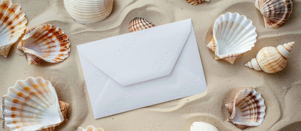 Poster Seashells on sandy beach background with white envelope for text on copy space image