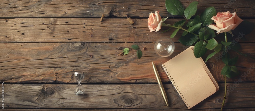 Poster vintage flat lay mock up featuring an hourglass an empty notebook with a pen and a rose set against 