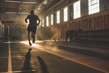 athletic strong guy running on a track training for marathon of minimalist gym settings, emphasizing the stamina and perseverance required for maintaining an active lifestyle