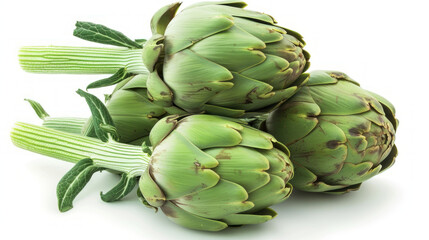 Fototapeta premium Fresh green artichokes on white background