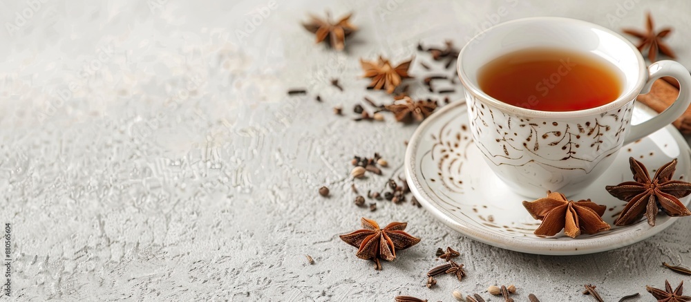 Poster Anise stars adorn a fragrant tea on a light grey tabletop with copy space image available
