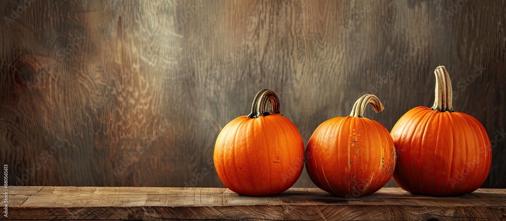 Poster three pumpkins are displayed on a wooden table with copy space image