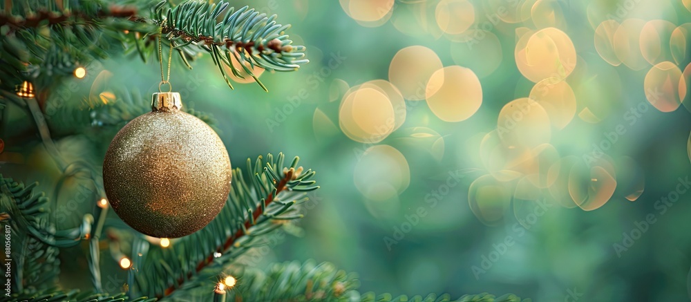Poster closeup of a christmas ball hanging on a fir tree with a green background blurred lights and ample c