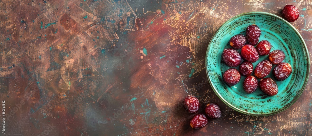 Poster rustic style dried dates arranged on a vintage green plate against a textured brown backdrop with am