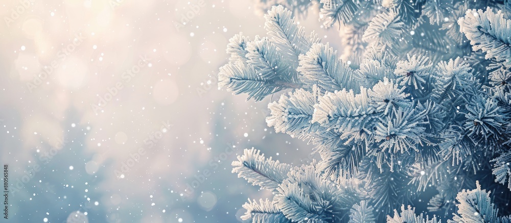 Aufkleber Snow covered spruce branches with hoarfrost and frost set against a wintry backdrop Ideal for a copy space image