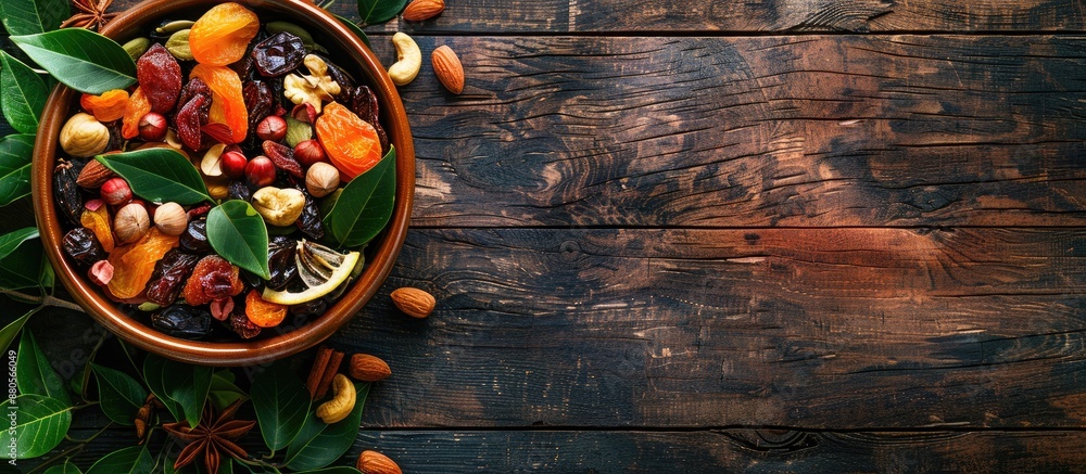 Poster Top view of dried fruits nuts in bowl with copy space image on a wooden table garnished with green leaves aromatic spices in a professional food photo session studio setting