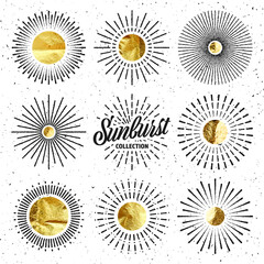 Vintage grunge sunburst sunset beams. Gold foil, shiny handmade circles. Golden glittering texture, pattern. Hand drawn bursting sun, light rays. Logotype, lettering, retro style. Vector illustration