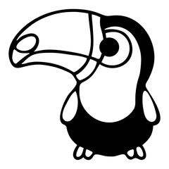 A black and white cartoon-style illustration of a toucan bird with a large beak and a simple, minimalist design
