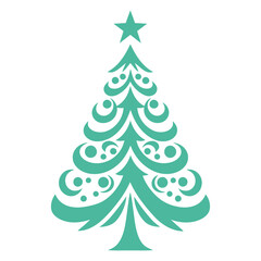 A green Christmas tree with swirling patterns and a star on top, on a white background