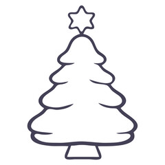 A simple black and white outline of a Christmas tree with a star on top