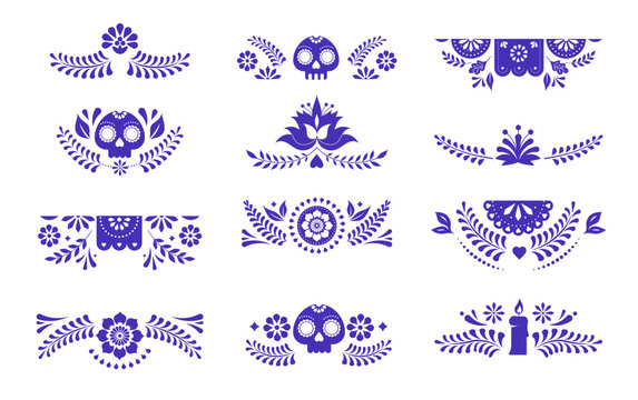 Mexican decorative frames and borders, colorful vector collection. Flowers, paper garlands, skulls corners, borders, frames