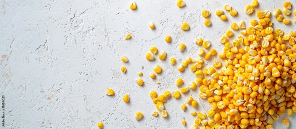 Poster Top view of canned sweet corn grains on a white background with space for additional images